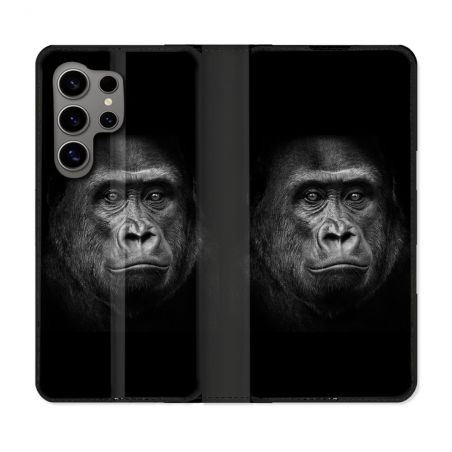 Housse Cuir Portefeuille pour Samsung Galaxy S24 Ultra Animal Gorille Noir