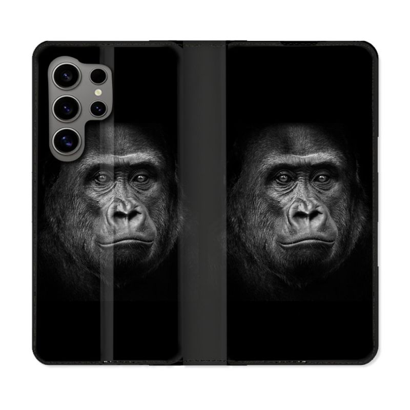 Housse Cuir Portefeuille pour Samsung Galaxy S24 Ultra Animal Gorille Noir