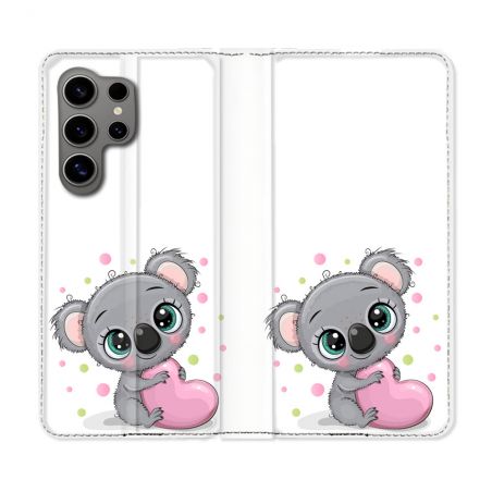 Housse Cuir Portefeuille pour Samsung Galaxy S24 Ultra Animal Koala Cœur