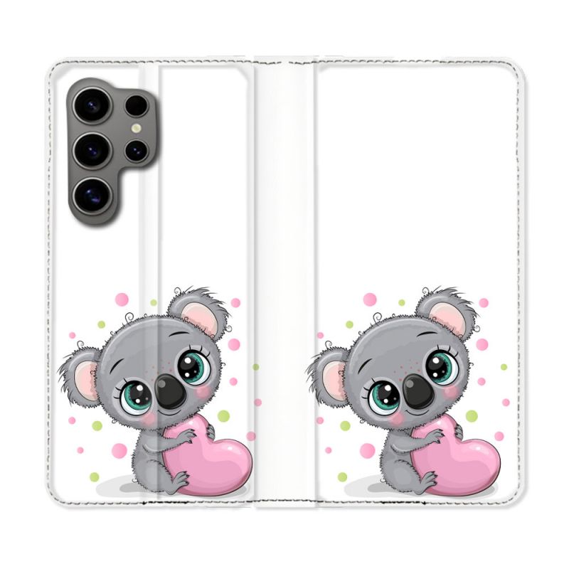 Housse Cuir Portefeuille pour Samsung Galaxy S24 Ultra Animal Koala Cœur