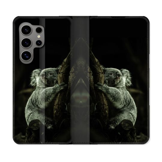 Housse Cuir Portefeuille pour Samsung Galaxy S24 Ultra Animal Koala Noir