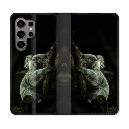 Housse Cuir Portefeuille pour Samsung Galaxy S24 Ultra Animal Koala Noir