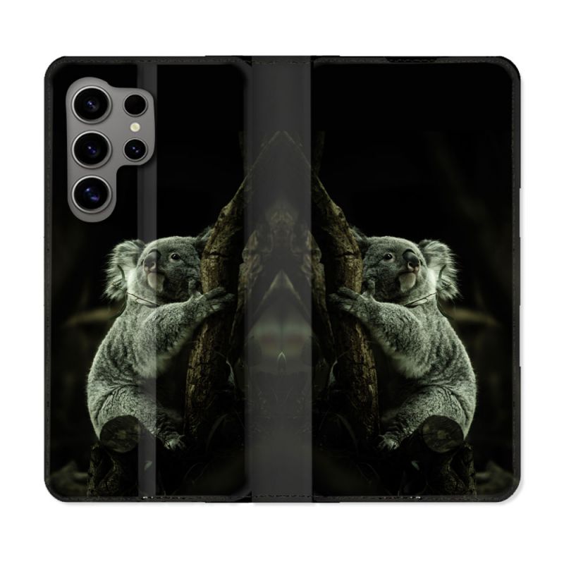 Housse Cuir Portefeuille pour Samsung Galaxy S24 Ultra Animal Koala Noir