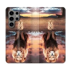 Housse Cuir Portefeuille pour Samsung Galaxy S24 Ultra Animal Lion Reflet