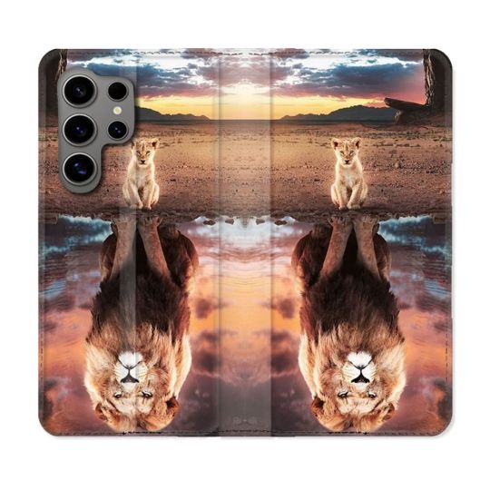 Housse Cuir Portefeuille pour Samsung Galaxy S24 Ultra Animal Lion Reflet