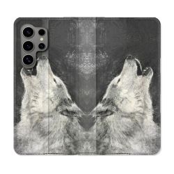 Housse Cuir Portefeuille pour Samsung Galaxy S24 Ultra Animal Loup Hurlement