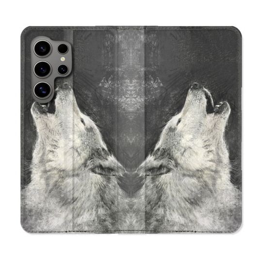 Housse Cuir Portefeuille pour Samsung Galaxy S24 Ultra Animal Loup Hurlement