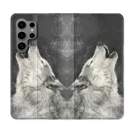 Housse Cuir Portefeuille pour Samsung Galaxy S24 Ultra Animal Loup Hurlement