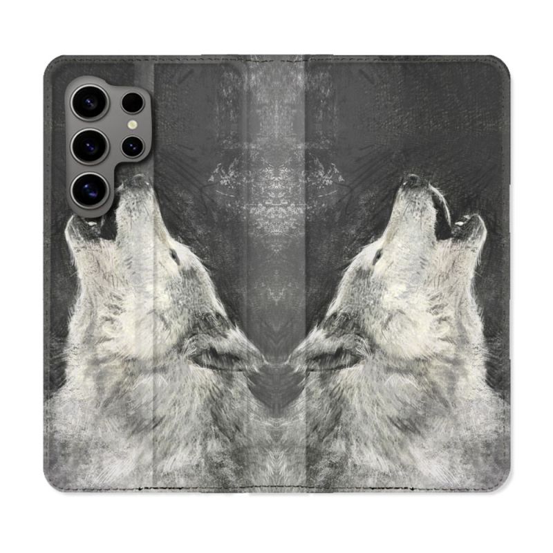 Housse Cuir Portefeuille pour Samsung Galaxy S24 Ultra Animal Loup Hurlement