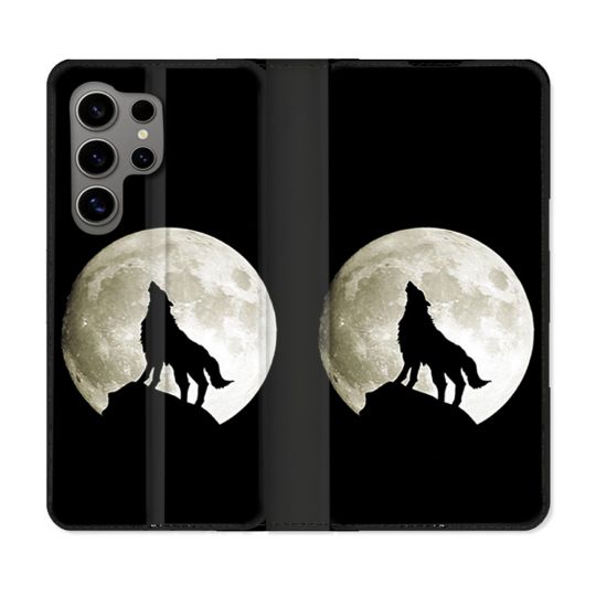 Housse Cuir Portefeuille pour Samsung Galaxy S24 Ultra Animal Loup Noir