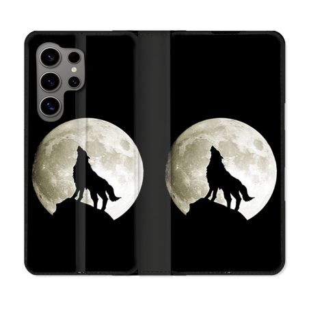 Housse Cuir Portefeuille pour Samsung Galaxy S24 Ultra Animal Loup Noir