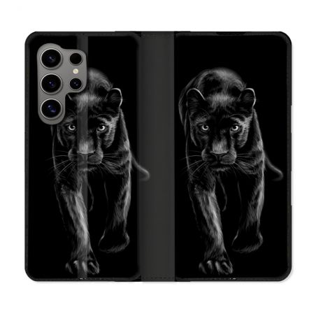 Housse Cuir Portefeuille pour Samsung Galaxy S24 Ultra Animal Panthère Noire