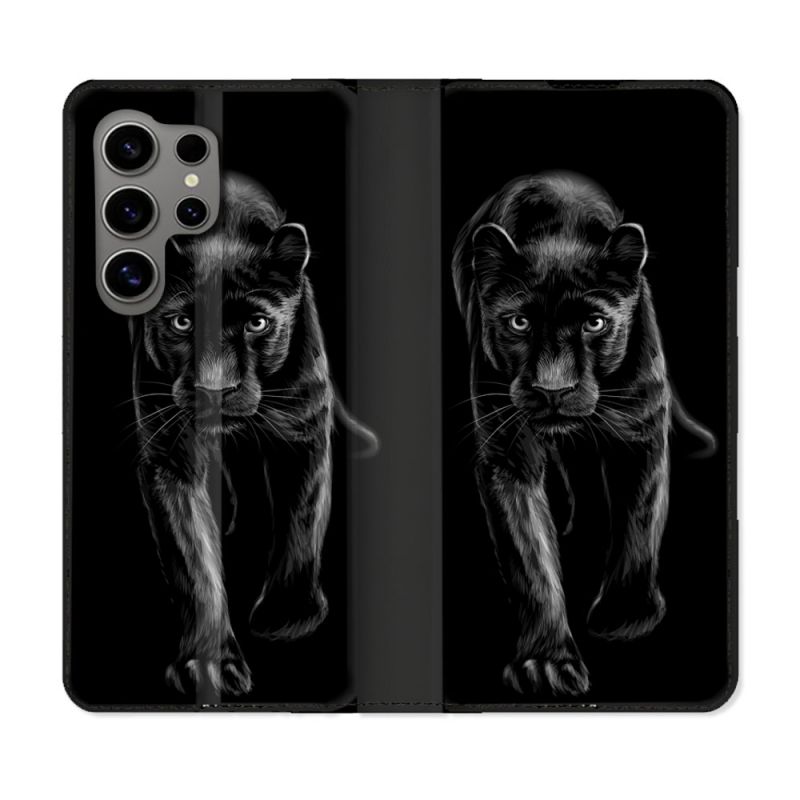 Housse Cuir Portefeuille pour Samsung Galaxy S24 Ultra Animal Panthère Noire