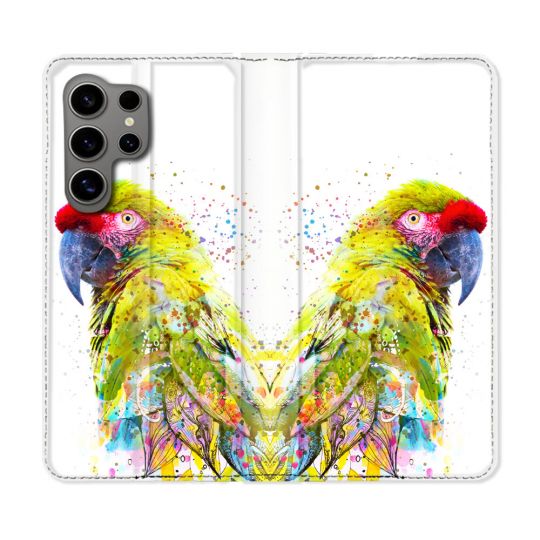 Housse Cuir Portefeuille pour Samsung Galaxy S24 Ultra Animal Perroquet Jaune