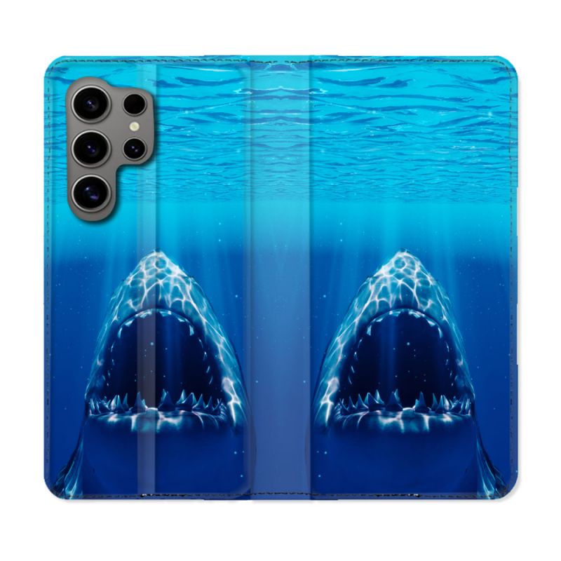 Housse Cuir Portefeuille pour Samsung Galaxy S24 Ultra Animal Requin Dent