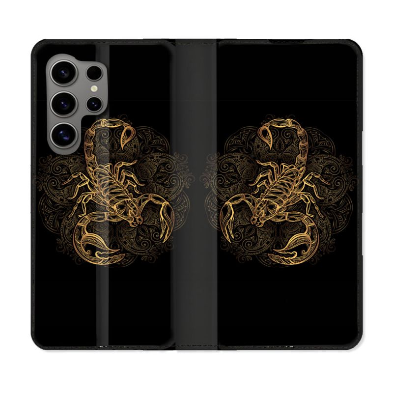 Housse Cuir Portefeuille pour Samsung Galaxy S24 Ultra Animal Scorpion Fresque