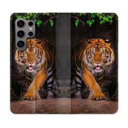 Housse Cuir Portefeuille pour Samsung Galaxy S24 Ultra Animal Tigre Jungle