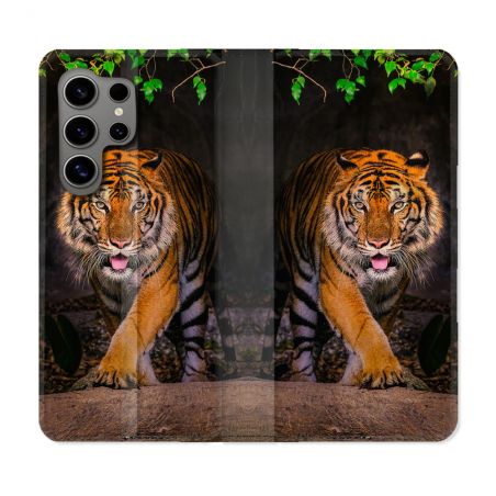 Housse Cuir Portefeuille pour Samsung Galaxy S24 Ultra Animal Tigre Jungle