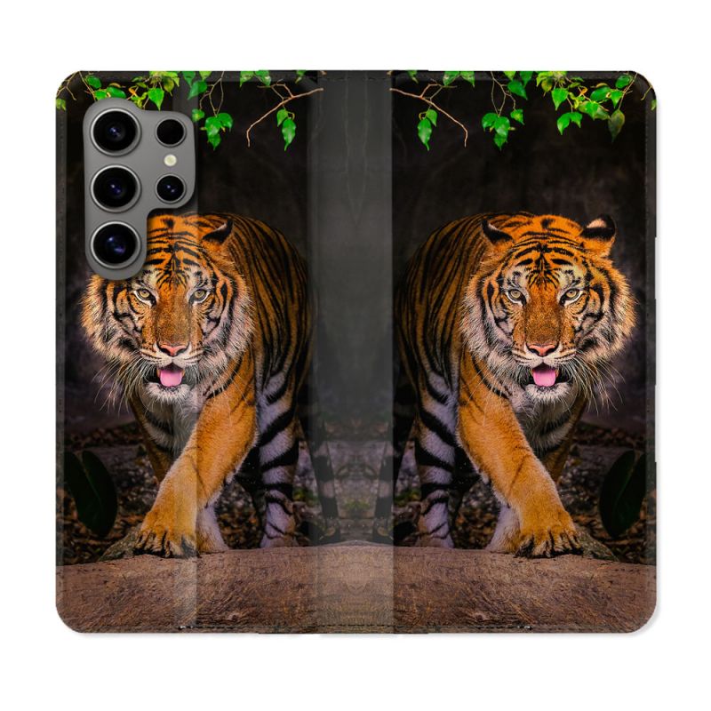 Housse Cuir Portefeuille pour Samsung Galaxy S24 Ultra Animal Tigre Jungle