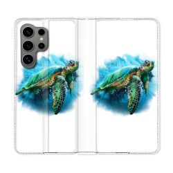 Housse Cuir Portefeuille pour Samsung Galaxy S24 Ultra Animal Tortue Blanche multicolore