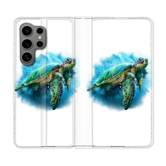 Housse Cuir Portefeuille pour Samsung Galaxy S24 Ultra Animal Tortue Blanche multicolore