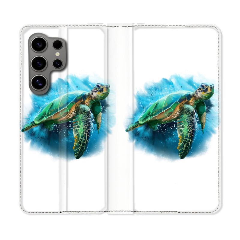 Housse Cuir Portefeuille pour Samsung Galaxy S24 Ultra Animal Tortue Blanche multicolore