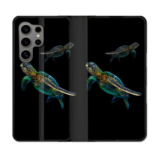 Housse Cuir Portefeuille pour Samsung Galaxy S24 Ultra Animal Tortue Noire multicolore