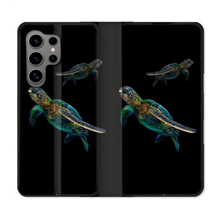 Housse Cuir Portefeuille pour Samsung Galaxy S24 Ultra Animal Tortue Noire multicolore