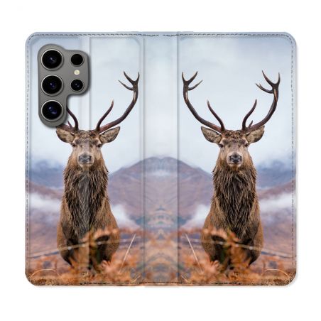 Housse Cuir Portefeuille pour Samsung Galaxy S24 Ultra Chasse Chevreuil Montagne