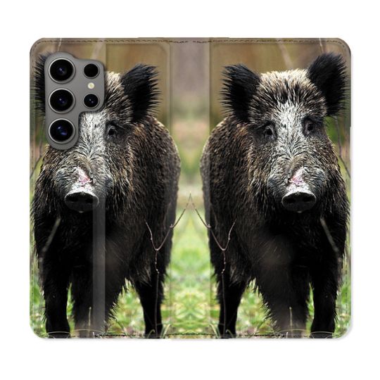 Housse Cuir Portefeuille pour Samsung Galaxy S24 Ultra Chasse Sanglier bois