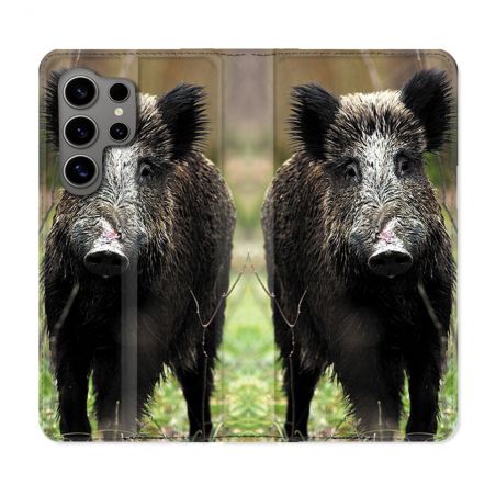 Housse Cuir Portefeuille pour Samsung Galaxy S24 Ultra Chasse Sanglier bois
