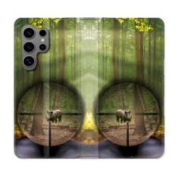 Housse Cuir Portefeuille pour Samsung Galaxy S24 Ultra Chasse Sanglier Viseur