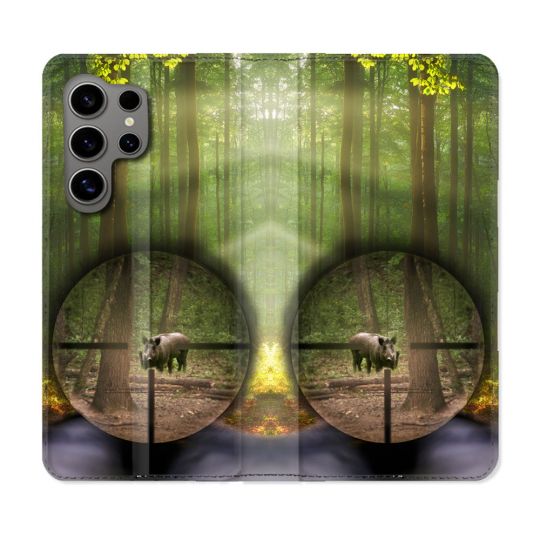 Housse Cuir Portefeuille pour Samsung Galaxy S24 Ultra Chasse Sanglier Viseur
