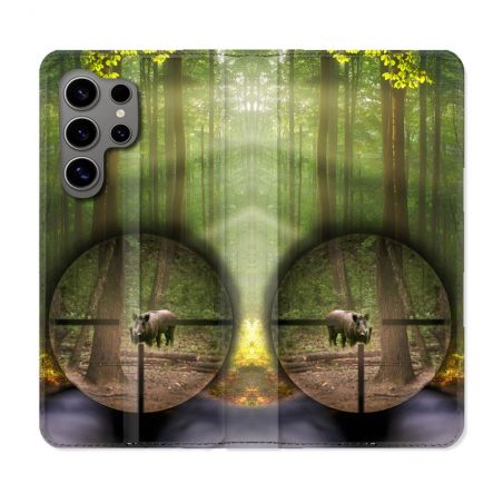 Housse Cuir Portefeuille pour Samsung Galaxy S24 Ultra Chasse Sanglier Viseur