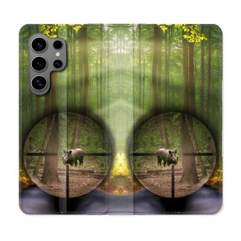 Housse Cuir Portefeuille pour Samsung Galaxy S24 Ultra Chasse Sanglier Viseur