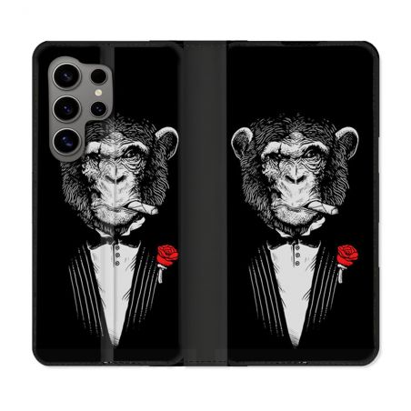 Housse Cuir Portefeuille pour Samsung Galaxy S24 Ultra Decale Singe Mafia