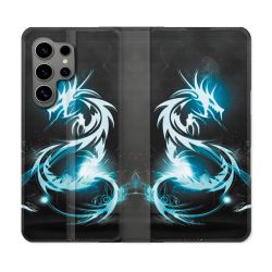 Housse Cuir Portefeuille pour Samsung Galaxy S24 Ultra Fantastique Dragon Bleu