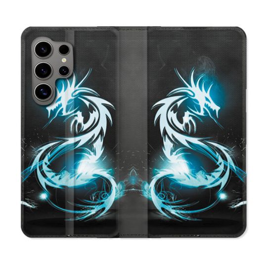 Housse Cuir Portefeuille pour Samsung Galaxy S24 Ultra Fantastique Dragon Bleu