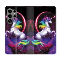 Housse Cuir Portefeuille pour Samsung Galaxy S24 Ultra Fantastique Licorne Arc en ciel