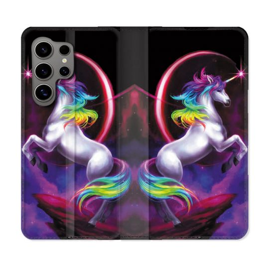 Housse Cuir Portefeuille pour Samsung Galaxy S24 Ultra Fantastique Licorne Arc en ciel