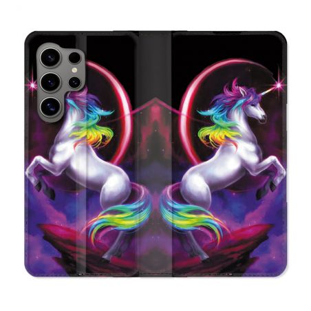 Housse Cuir Portefeuille pour Samsung Galaxy S24 Ultra Fantastique Licorne Arc en ciel