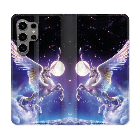 Housse Cuir Portefeuille pour Samsung Galaxy S24 Ultra Fantastique Licorne Céleste