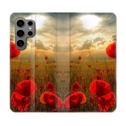 Housse Cuir Portefeuille pour Samsung Galaxy S24 Ultra Fleur Coquelicot
