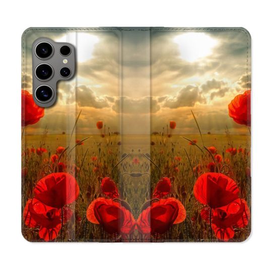 Housse Cuir Portefeuille pour Samsung Galaxy S24 Ultra Fleur Coquelicot