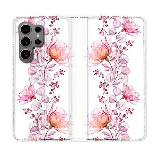 Housse Cuir Portefeuille pour Samsung Galaxy S24 Ultra Fleur Eclosion