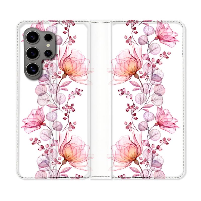 Housse Cuir Portefeuille pour Samsung Galaxy S24 Ultra Fleur Eclosion