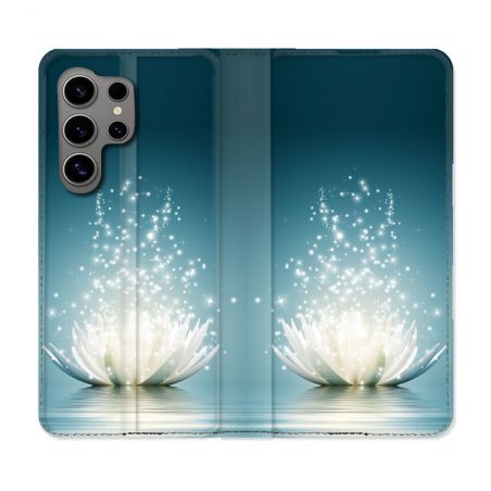Housse Cuir Portefeuille pour Samsung Galaxy S24 Ultra Fleur Lotus Blanc