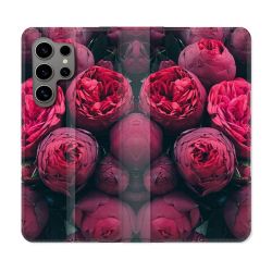 Housse Cuir Portefeuille pour Samsung Galaxy S24 Ultra Fleur Pivoine