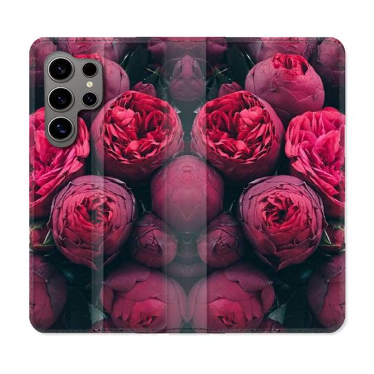 Housse Cuir Portefeuille pour Samsung Galaxy S24 Ultra Fleur Pivoine