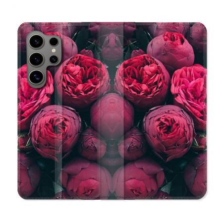 Housse Cuir Portefeuille pour Samsung Galaxy S24 Ultra Fleur Pivoine